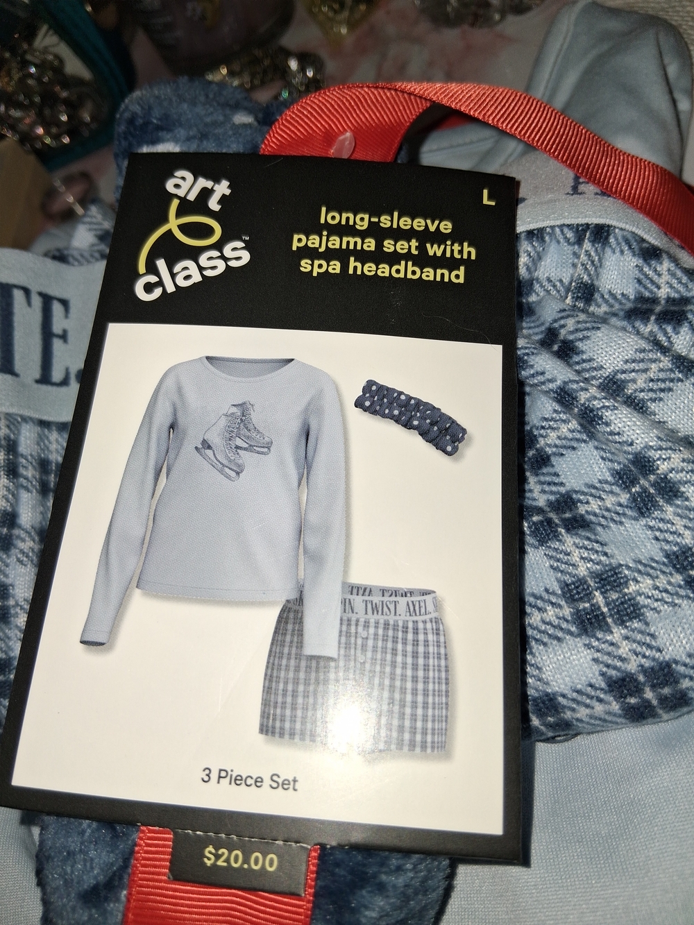 art class Light Blue Plaid Pajama Set with Spa Headband